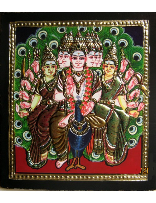 Murugan on peacock with valli & deivanai
